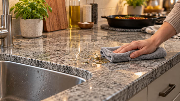 Đá Hoa Cương Mặt Bếp: Màu Đẹp Và Cách Bảo Dưỡng Đúng Đá hoa cương mặt bếp hoàn thiện sáng bóng