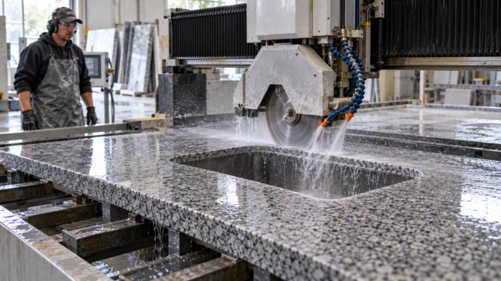 Làm Mặt Bếp Đá: Quy Trình Chuẩn Từ A Đến Z Cắt và ghép đá khi làm mặt bếp đá granite tại xưởng