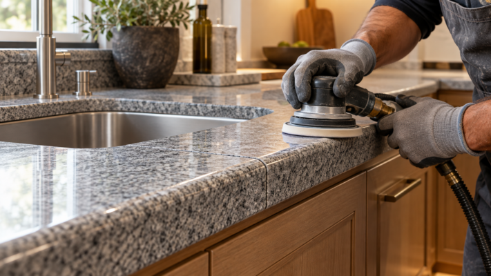 Làm Mặt Bếp Đá: Quy Trình Chuẩn Từ A Đến Z Hoàn thiện làm mặt bếp đá granite chống thấm bền đẹp