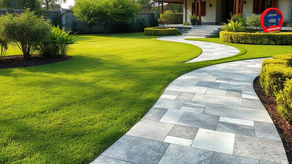 Đá Lát Lối Đi Sân Vườn: Chọn Bề Mặt, Cách Xếp Và Làm Nền Đá lát lối đi sân vườn bằng granite nhám uốn lượn giữa bãi cỏ và bồn cây