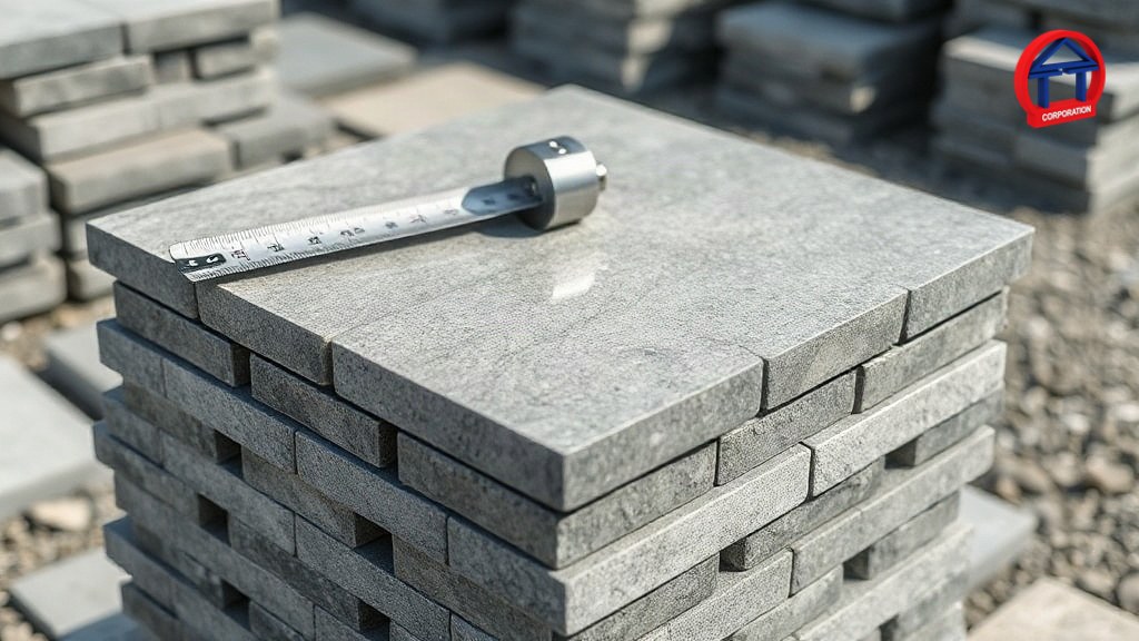Kích Thước Đá Lát Vỉa Hè: Quy Cách Phổ Biến Và Cách Chọn Đúng Đo kích thước đá lát vỉa hè granite bằng cách xếp chồng các tấm để kiểm tra độ dày