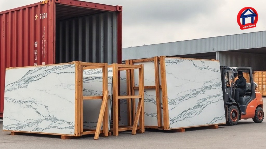 Báo giá đá granite nhập khẩu: cách đọc, so sánh và tránh rủi ro Kiện gỗ chứa tấm đá granite nhập khẩu vừa dỡ từ container tại bãi hàng