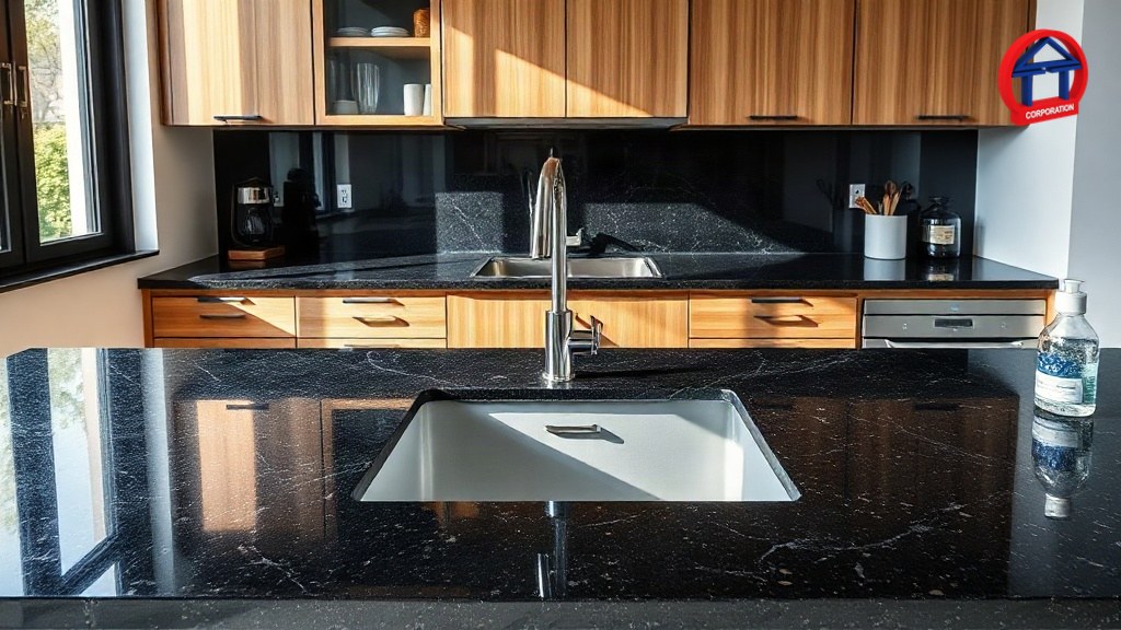 Báo giá đá granite nhập khẩu: cách đọc, so sánh và tránh rủi ro Mặt bếp granite đen nhập khẩu hoàn thiện trong căn bếp nhà phố
