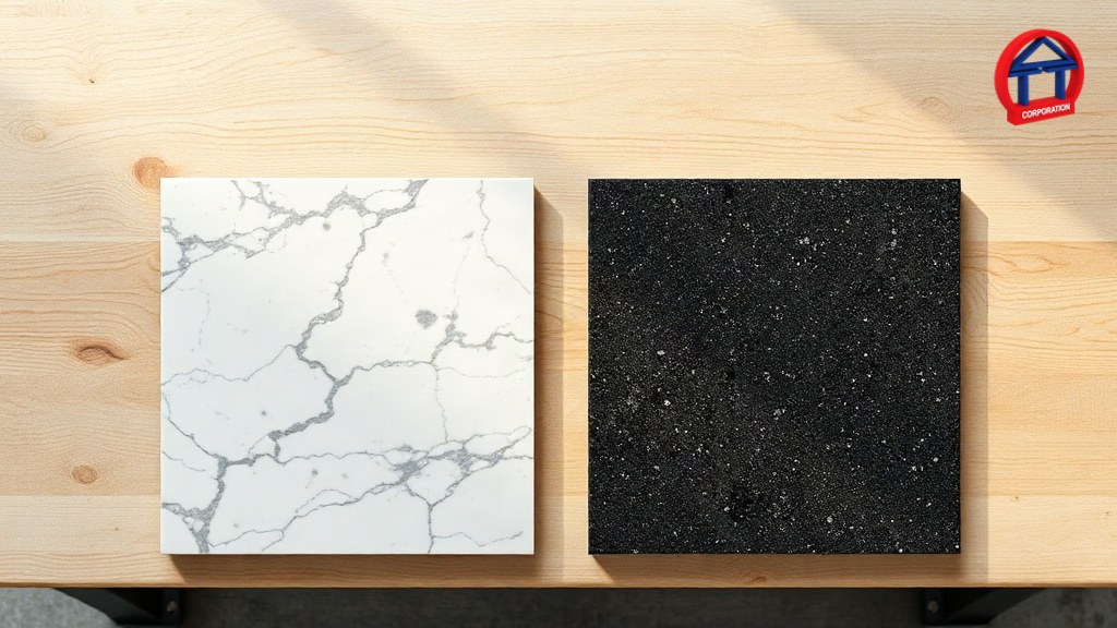 So Sánh Đá Granite Và Marble: 9 Tiêu Chí Kỹ Thuật Cần Biết So sánh đá granite và marble qua hai mẫu cắt vuông đặt cạnh nhau