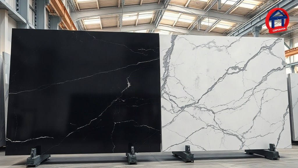 So Sánh Đá Granite Và Marble: 9 Tiêu Chí Kỹ Thuật Cần Biết Tấm đá granite và tấm marble dựng cạnh nhau trong kho đá để so sánh
