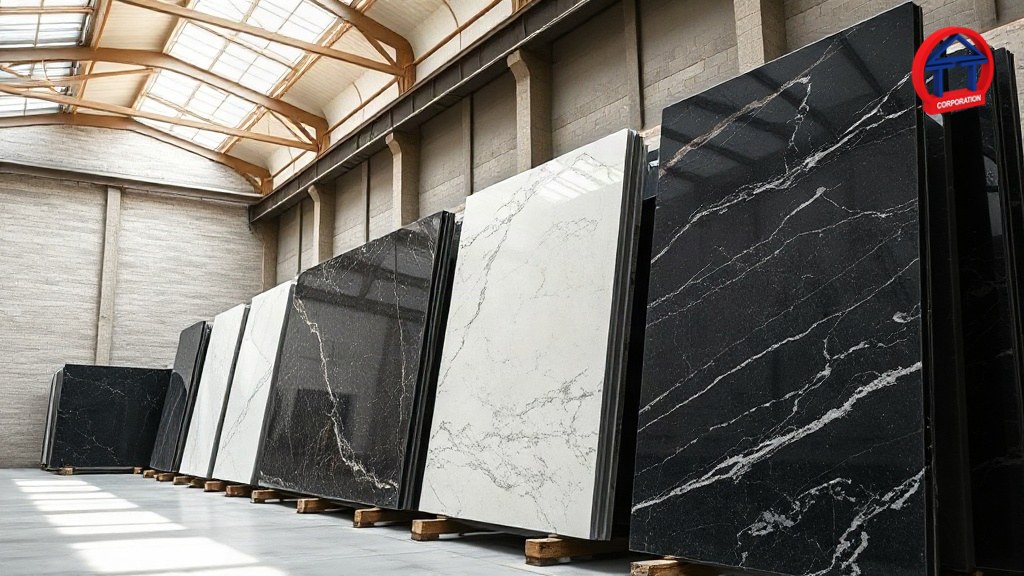 Báo giá đá granite nhập khẩu: cách đọc, so sánh và tránh rủi ro Tấm đá granite nhập khẩu xếp trên giá chữ A trong kho để chọn tấm trước khi báo giá
