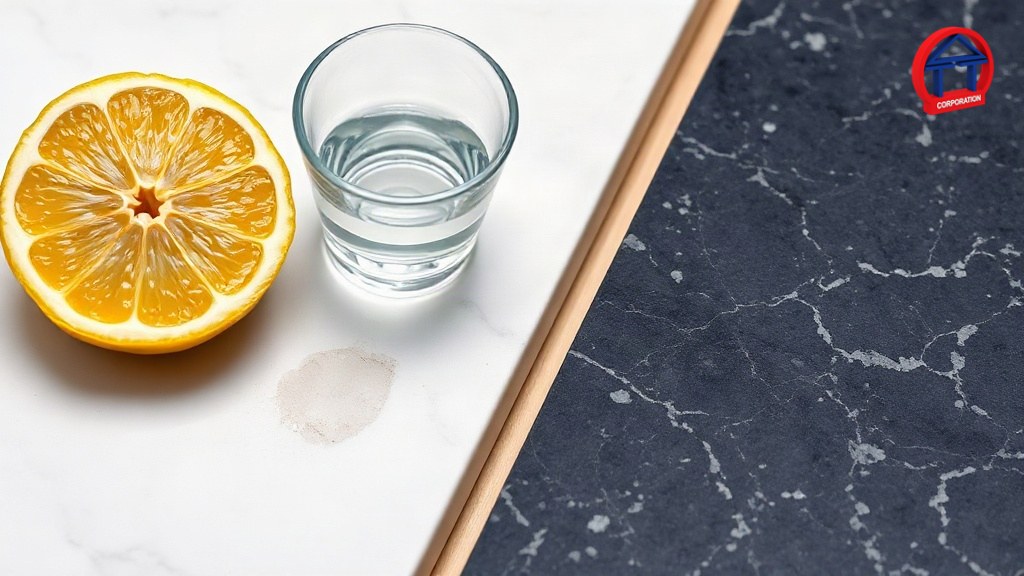 So Sánh Đá Granite Và Marble: 9 Tiêu Chí Kỹ Thuật Cần Biết Giọt chanh và giấm trên mẫu marble và granite để thử phản ứng axit
